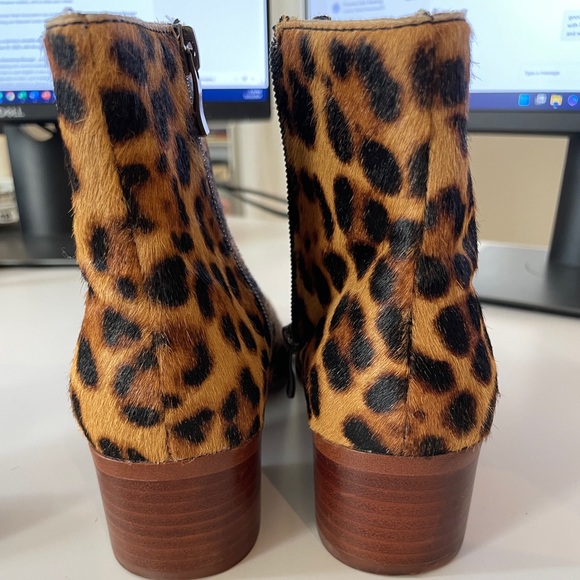 J Crew Leopard Calf Hair Leather Pointed Wooden Block Heel Ankle Bootie Size 7 - Picture 7 of 8